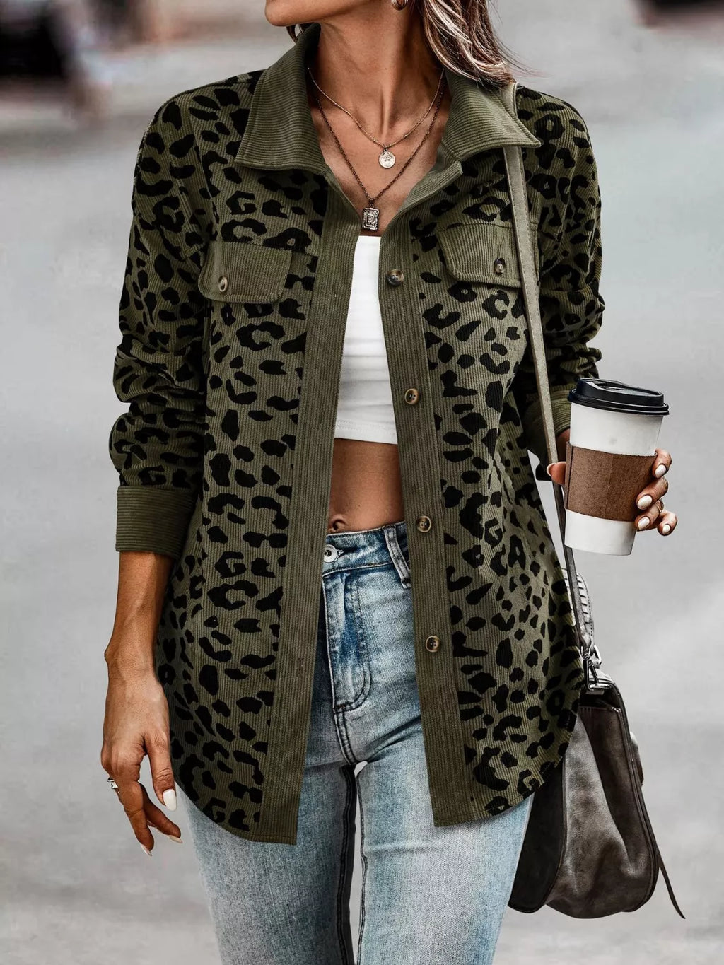 Leopard Print Button-Down Jacket Regular and Plus Size
