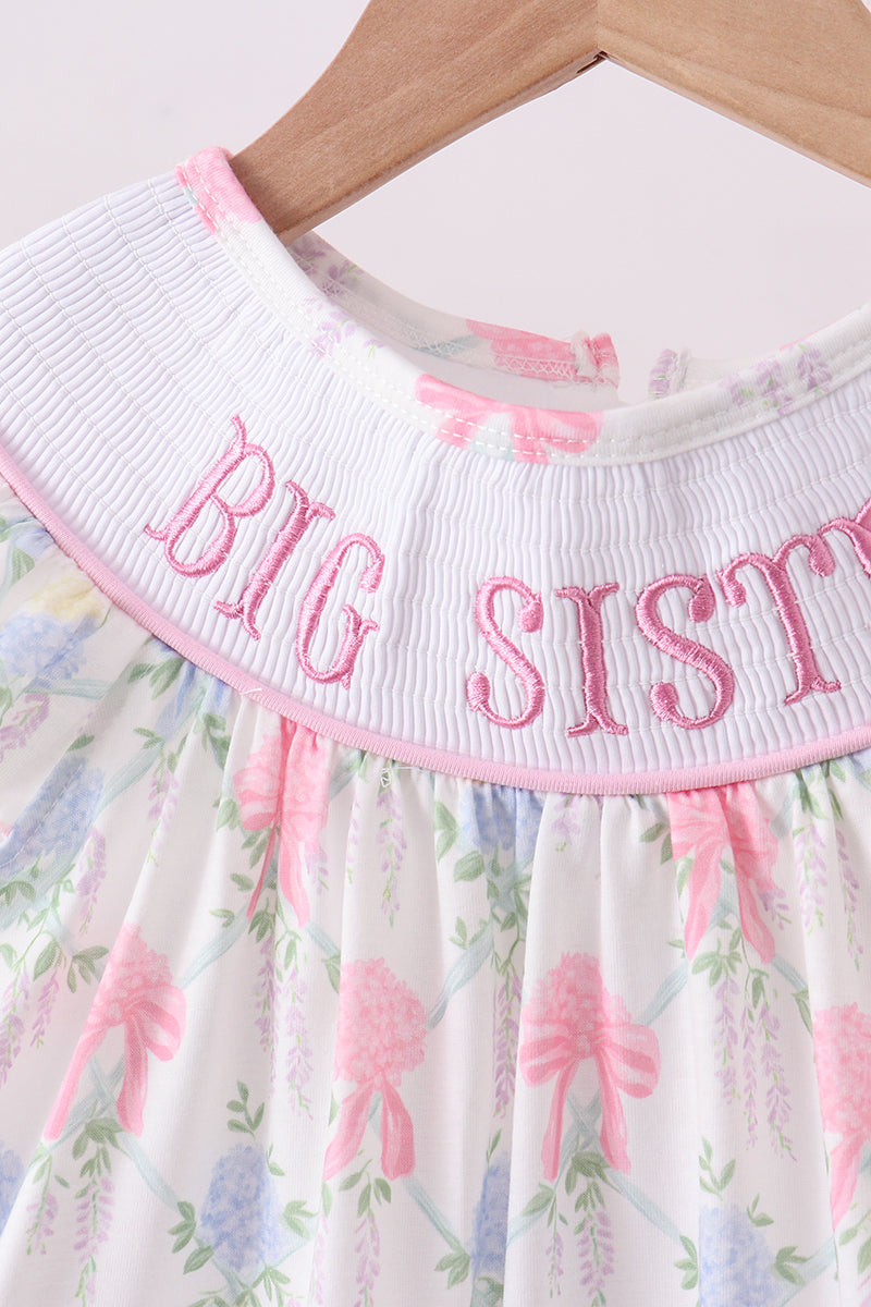 Floral print big sister smocked ruffle shorts set