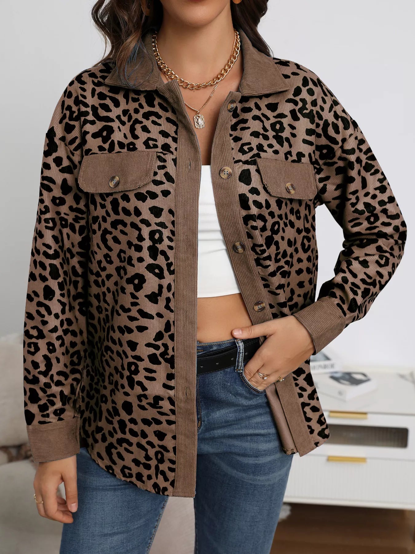 Leopard Print Button-Down Jacket Regular and Plus Size