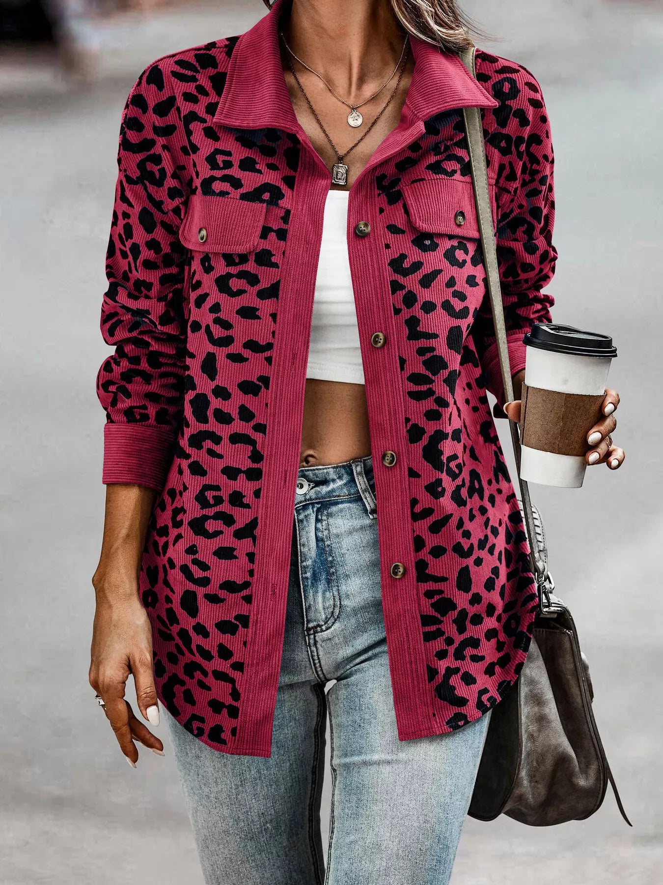 Leopard Print Button-Down Jacket Regular and Plus Size