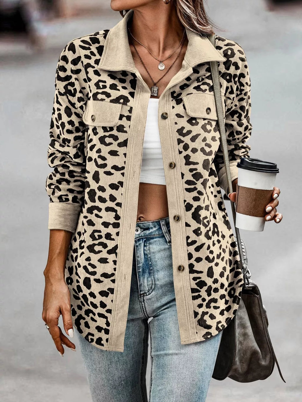 Leopard Print Button-Down Jacket Regular and Plus Size