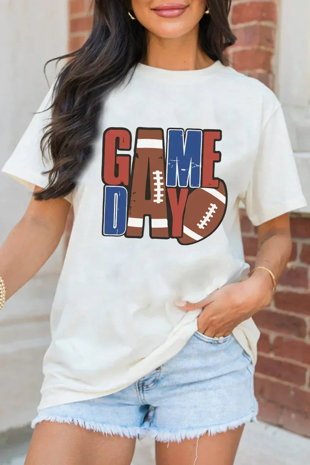 White Football Letter Graphic Crewneck T-Shirt – Sporty Casual Tee