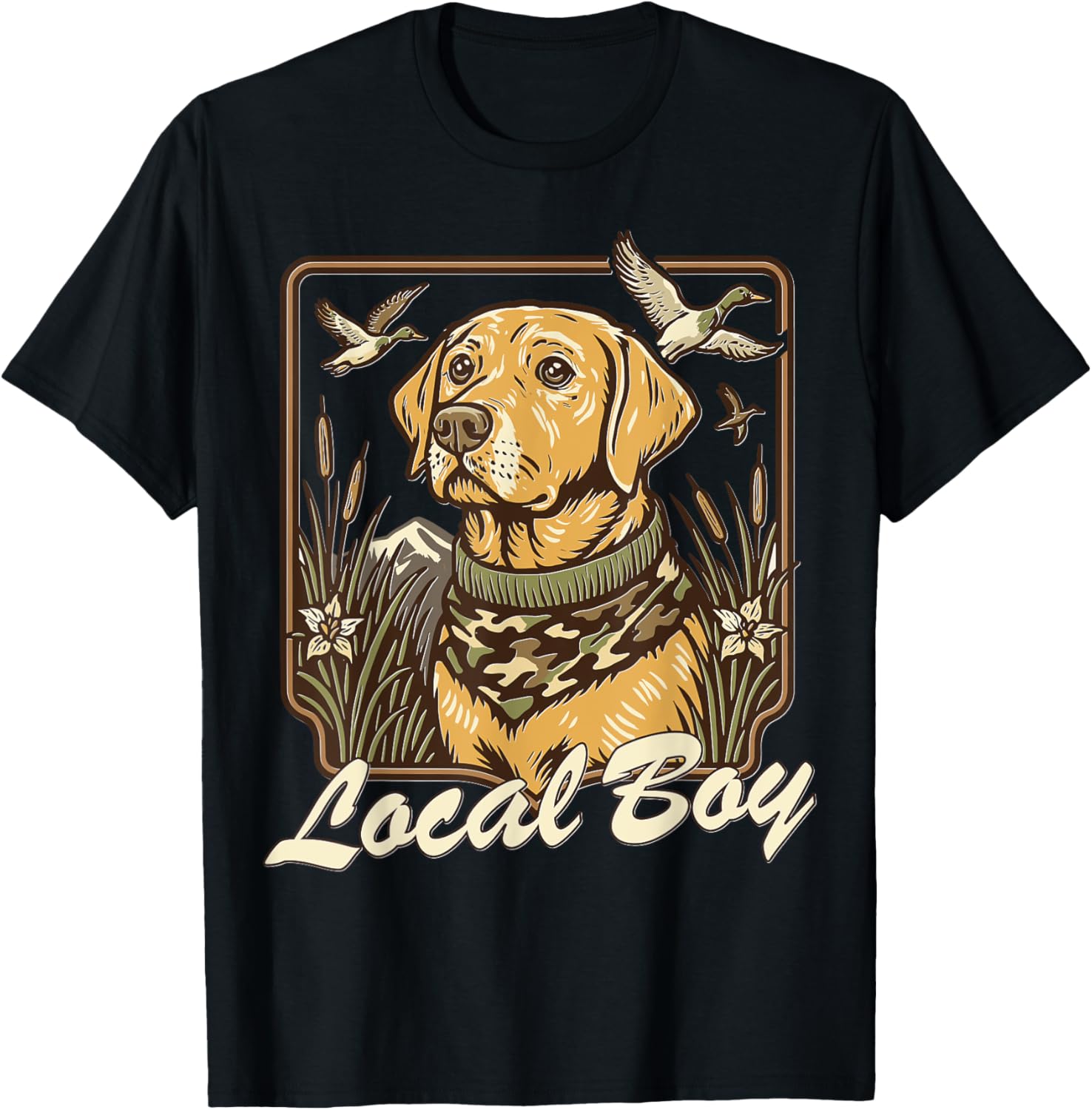Local Boy Yellow Lab Hunting Dog Marsh Scene Sunset Vintage T-Shirt
