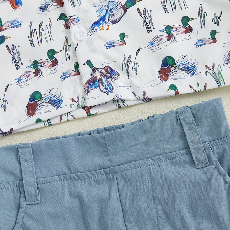 Baby Boy Dinosaur Print Short Sleeve Collared Shirt with Denim Shorts 2Pcs Set