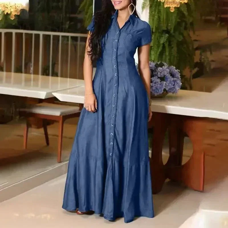 2024 Women New Lapel Pocket Splicing Casual Short Sleeved Solid Color Large Swing Denim Dress Loose Single Breasted Shirt Dress