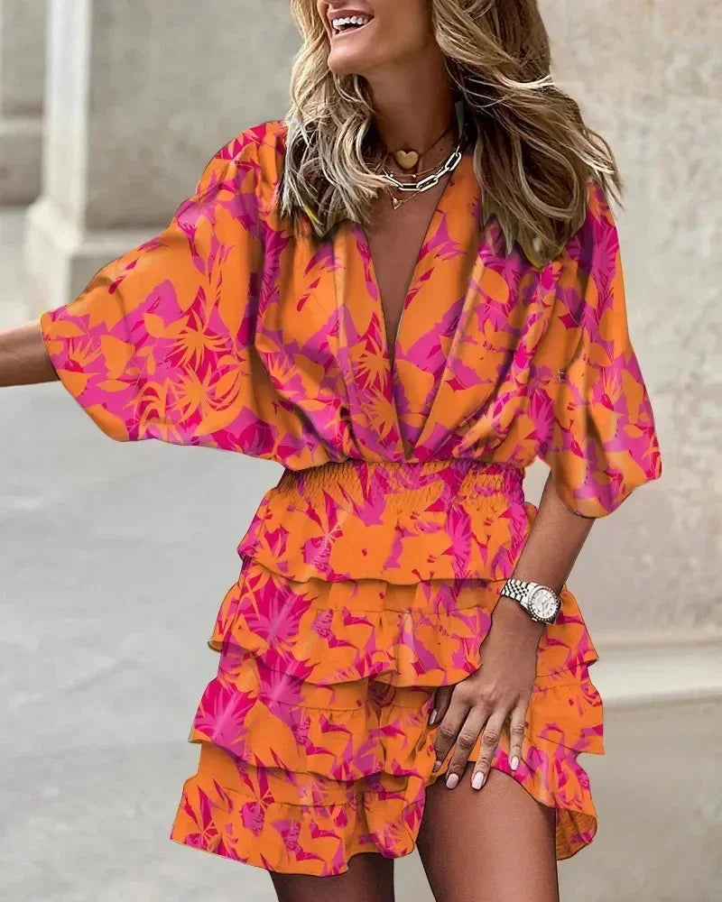 Women Fall V-Neck Loose Batwing Hafl Sleeve Print Dress Fashion Elegant Lace-up Ruffle Beach Mini Dresses Casual Streetwear 2024