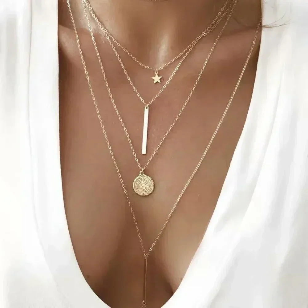 MEDFOLY 3pcs Gold Charm Necklace For Women Star Pearl Cross Pendant Neckalces Dainty 14K Gold Plated Summer Beach Jewelry Gifts
