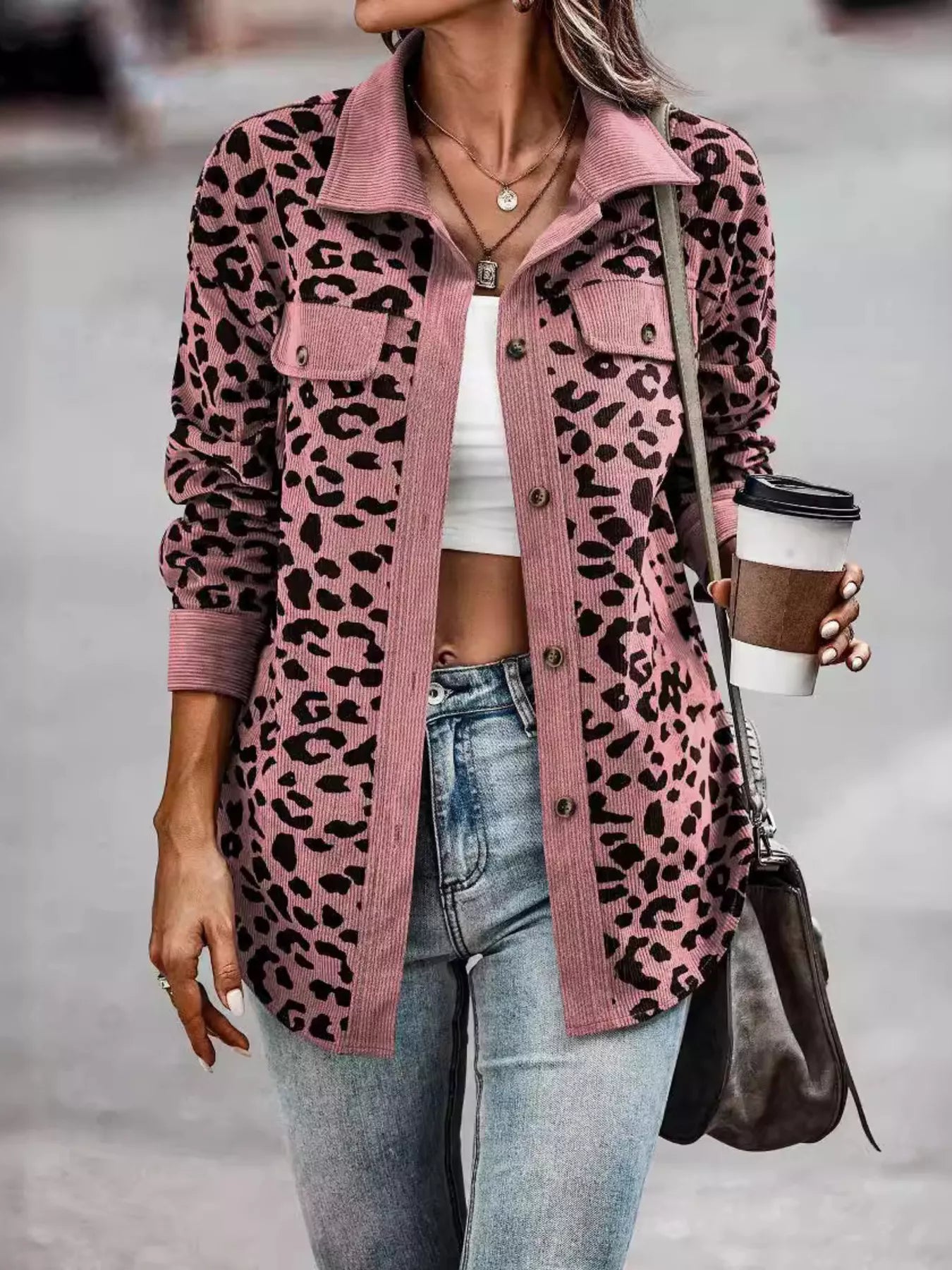 Leopard Print Button-Down Jacket Regular and Plus Size
