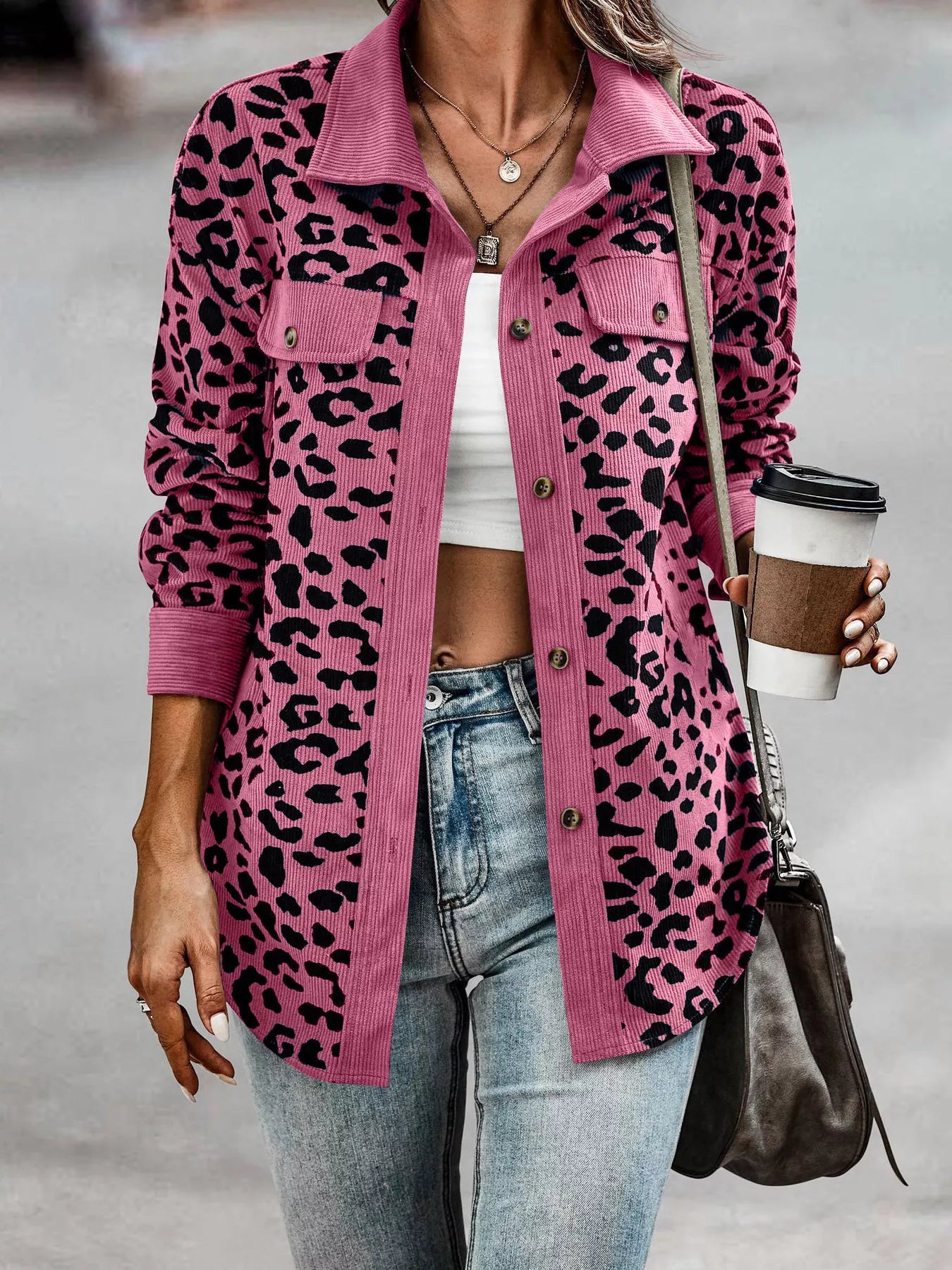 Leopard Print Button-Down Jacket Regular and Plus Size