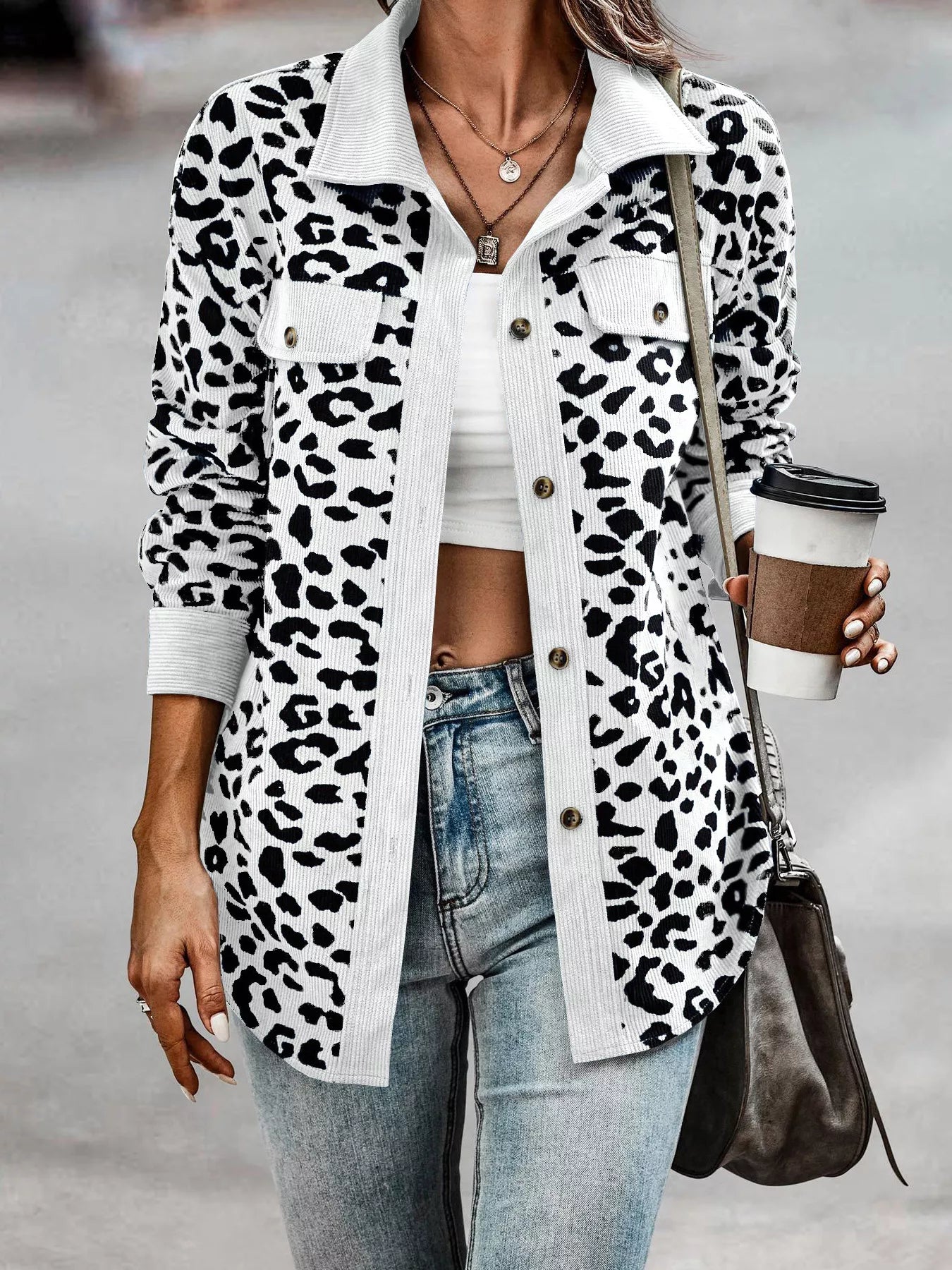 Leopard Print Button-Down Jacket Regular and Plus Size